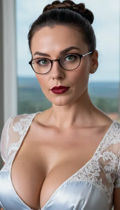 強烈な視線と完璧な肌で見事なノルディックな女性、赤いメガネを着て、プロの外観でカメラを見ている。 写真の照明はシャープで、写真の全体的な強度に追加され、現実的な肖像画を作成します