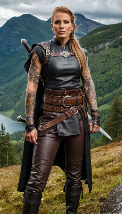 A stunning Scandinavian woman with long blonde hair and a cascade of dark smooth cloud necklace, stood on a stone in the foreground of a picture, wearing asymmetric hair and an asymmetric dress. The sky above was cloudy and gray, adding to the overall