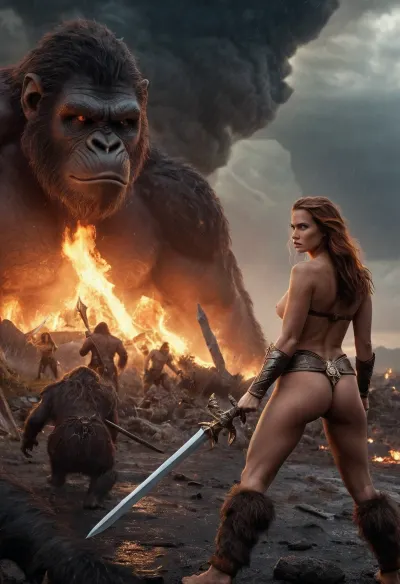 混乱と破壊の世界では、女性は混乱の力に対して彼女の剣を横切る。 雷で作られた斧を拭き、刀は煙で作られています。 Orcsは腕のための剣が付いている骨格です、その間