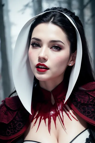 A woman with porcelain skin and snow-white hair stood in front of a mirror, her eyes fixed on the reflection of her own blood-stained mouth. She reached out and touched the portrait hanging on the wall, tracing her fingers over