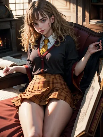 ホグワーツの制服の少女の美しい8k超繊細な写真は、彼女の胸を覆う彼女の左手とワンドを保持する右手でソファの上に置きます。 彼女はパンティがなく、ホグワーツ制服スカートを着ています