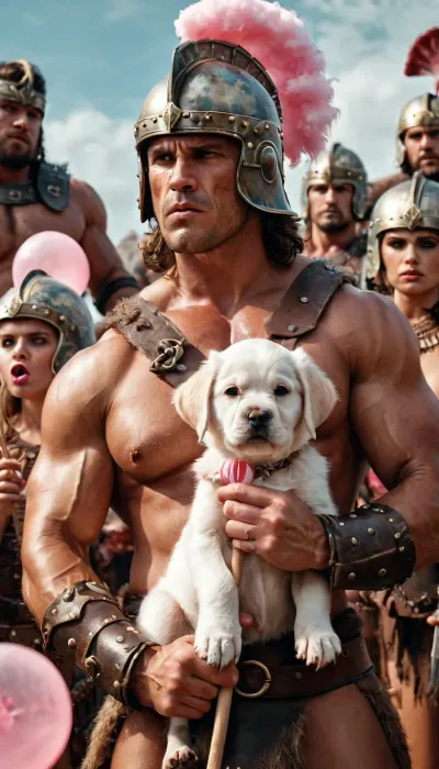 In a world where AI has taken over, Barbarian warriors are using their skills to dominate the porn industry. They have created a new type of porn that features angry male Barbarians wearing helmets, holding lollipops and cotton candy, stroking