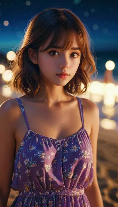 A girl wearing a sundress on a beach at night, looking at the viewer with a bright and vibrant anime style. The key visual is highly detailed and vivid, showcasing the beauty of the AI-generated pornographic content