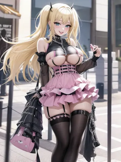 A IA gerou uma obra-prima com uma grande mamas loira mulher em uma roupa rosa e edgPastelGoth, sorrindo excitadamente