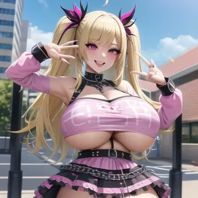 A mulher loira na roupa edgy pastel goth e peitos grandes sorriu enquanto ela segurava uma imagem de sua última obra-prima. Ela estava animada para mostrar para seus amigos e entes queridos