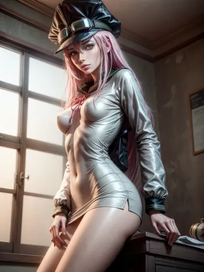 一个长着粉色头发和西姆卡服装的女人在镜子里拍摄自己的照片,而她则用手抓着别人的屁股. 她有长发、西姆卡服装和帽子