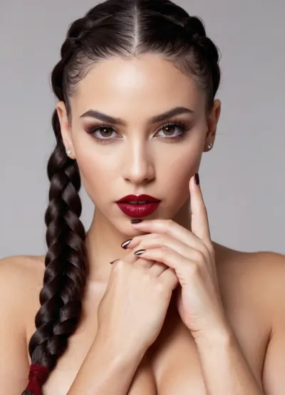 那个长着深色头发和大乳房的天主教修女 假装要拍照 她的身体被穿孔和纹身覆盖 她有两英寸长的弯曲指甲 完美的可见乳头 完美的细手是阴唇