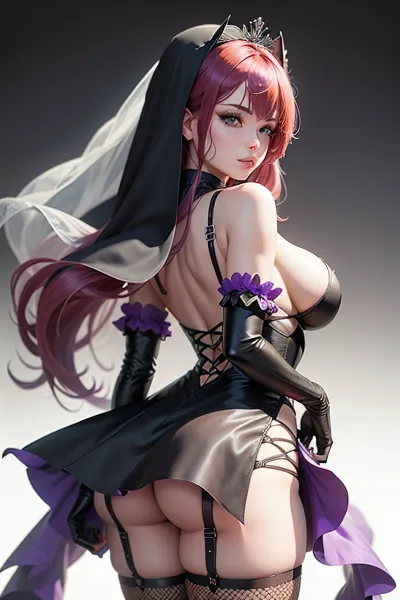 戴着苍白的皮肤和大乳房的AI站在镜头前,面罩着面纱. 当她把手指伸到嘴唇上时,她带着气愤的表情回头看观众. 她的发型不错