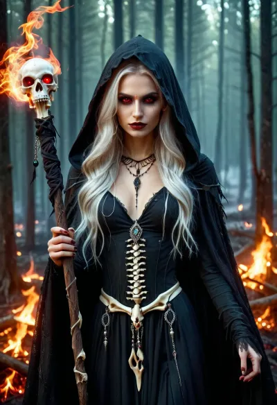 (dark fantasy style:1.4), (epic mysterious scene:1.2), young beautiful witch girl 18 years old, skinny, (thin waist:1.2), long tangled dirty white hair, (girl with a evil smile looks at the camera:1.2), (long cloak with hood:1.2), (bone jewelry:1.4), (magic staff:1.2), (bloody makeup), (burning red eyes:1.2), (magical energy in the girl's hand:1.2), (dark swamp in the background), (dark:1.5), fog, mist, (colorful magic light:1.3), <lora:XL_Weapon_Orbstaff_-_By_HailoKnight:.5>, <lora:Dark Fantasy:.5>, <lora:dark_fantasy_art:.5>