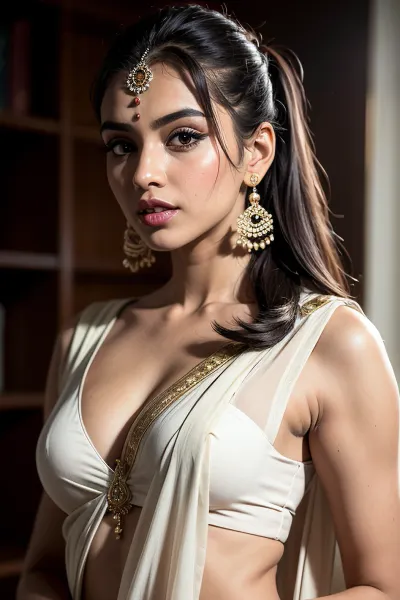 Ein atemberaubendes AI-generiertes Bild einer schönen indischen Frau mit einem Saree, mit langen schwarzen Haaren und weißen Haut, wurde entworfen, um ultra-detailliert und ultra-perfekt für die heißen und sexy jungen Frauen, die sie entworfen wurde, um sein