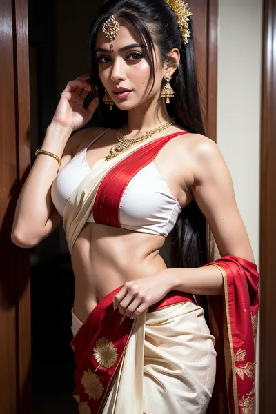 Die AI generierte ein hochauflösendes Bild einer jungen Frau, die eine ultra-detaillierte, beste Qualität weiße Haut saree mit schönen indischen Make-up und langen schwarzen Haar. Sie wurde in einer sexy Pose mit ihrem schlanken heißen und sexy Körper