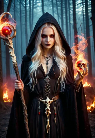 The young witch girl sat in her dark swamp, surrounded by fog and mist. She had been practicing her magic for hours, trying to perfect her spells. Suddenly, she heard a rustling in the bushes behind her. She turned around to see