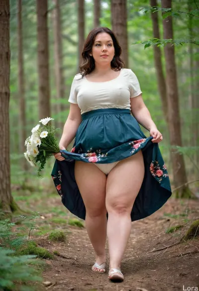 Eine Frau in einem Kleid sammelte Blumen im Wald, als sie bemerkte, dass eine Weste ihren Rock nach oben bläst und ihren dicken Arsch und Höschen enthüllte. Sie zog sie schnell zurück, peinlich, indem sie in einer so verletzlichen Position gefangen werden