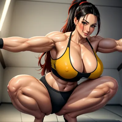 Uma mulher em seus 30 anos, com um corpo muscular e cabelo preto longo, está agachando sobre a câmera ao usar um vermelho brilhante booty s. Ela tem um grande sorriso no rosto enquanto olha para a câmara. Seu comprimento total