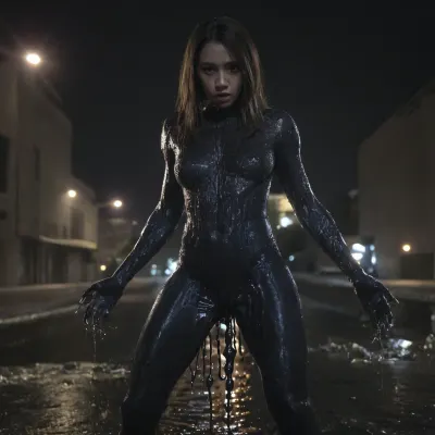 The venom print was dripping between her legs, making her pussy slippery and wet. She wore a full body suit made of liquid clothes that hugged every curve of her body. Her dark themed living clothes were made of night town, giving off an eer