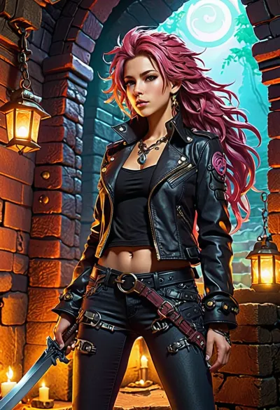 Very detailed illustration in anime style of an adult woman wearing rocker clothes, leather jacket black jeans, extremely detailed face, (very detailed hair), creepy dungeon environment, slimes, (secret of mana), (mushoku tensei merged with dungeons and dragons), JRPG, art by MSchiffer, pixiv, konachan, high contrast, flat colors, cel shaded