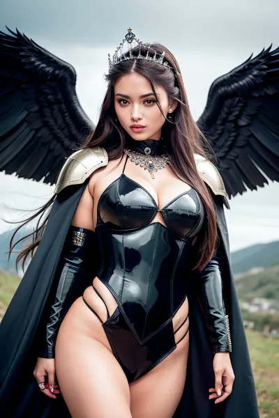 woman, medieval atmosphere, dark atmosphere, rainy weather, dark cinematic light, green-fire eyes, extremely detailed wallpaper, women in black and silver full metal armour, tiara on the head, big wings in the back, many details armour, long wild hair, wet hair, orange color hair, raincoat, more details armour, sword in hand, realistic body and face