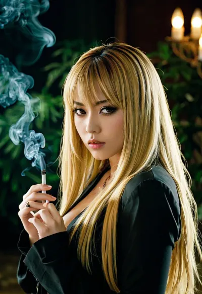 米萨 Amane,"死亡笔记"中吸烟的性感金发美女,被描绘成一种哥特式的卡瓦尼风格,唇间带有她的签名香烟. 她的强烈的目光和完美的面孔被背景的柔软照明所突出. 图像前