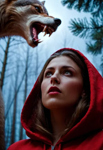 A woman in a red hoodie finds herself surrounded by wolves, but she is saved by a powerful gust of wind that knocks the wolf off his feet. She knows she has to fight back and runs for her life, but suddenly a deep voice