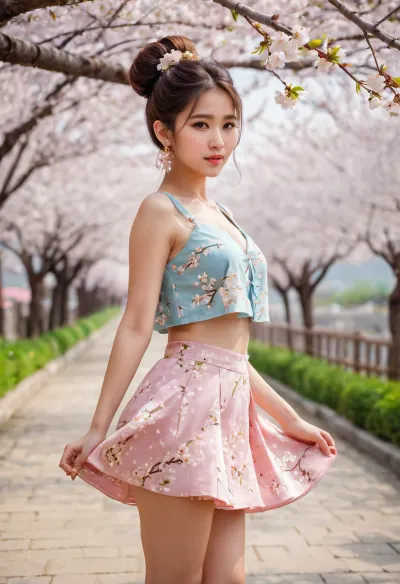 밝은 미소와 긴 머리와 귀여운 얼굴은 야외에서 캡처, 벚꽃 나무로 둘러싸고 바람에 산책. 소녀의 드레스는 꽃잎으로 만들어졌으며 그녀의 보석은 카우보이 샷으로 만들어졌습니다