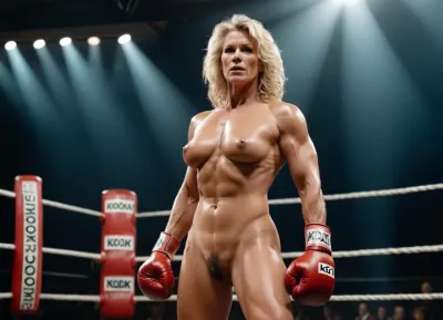 Un groupe de boxeuses blanches de 45 ans entièrement nues, avec des corps musculaires et sans vêtements, luttent sur un anneau de boxe. L'image ultraréaliste est un éclairage doux et une résolution de 8k