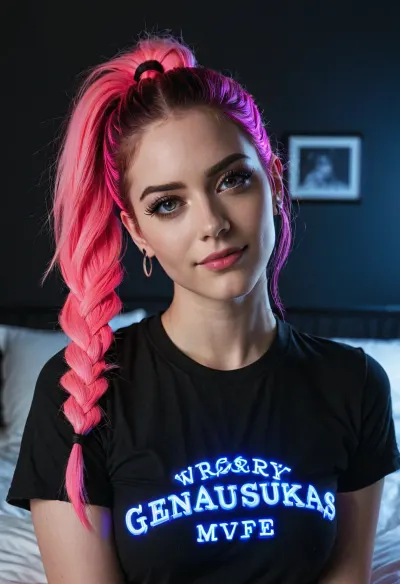 L'IA a généré une image porno d'une fille avec de gros seins, cheveux brillants, et épais cils noirs. Elle portait une ombre à paupières rose néon et avait les yeux collés au spectateur. Son t-shirt noir surdimensionné a révélé sa pâleur