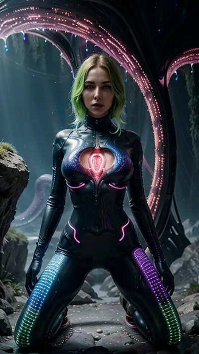 woman, tentacles stretch the vagina wider, (open vagina, uterus visible), very large labia, Lovecraft's horrors, ((huge labia:1.2)), vagina is clearly visible, alien landscape, alien planet, mysterious science fiction, Epic mystical scene, fog, haze, luminous water, (multicolored light:1.1), with multicolored light patterns covering her entire body. the body, a light show with futuristic drawings all over the body. body with fluorescent paint, glowing from ultraviolet light, very detailed vagina, visible vagina, (visible vagina:1.18), (highly detailed vagina:1.18), (large clitoris:1.12), huge labia, giant labia, bright colors and exquisite details, ultra-high resolution, (UHD), hyperrealism and wide dynamic range, (HDR), rays of light, surreal futurism, beautiful view, fine details, perfect lighting, (best lighting), cinematic composition, thanks to bright colors and exquisite details, the lighting turns out to be realistic, light sources convey the atmosphere, intrigue and beauty of the alien world, a beautiful surreal alien world, a colorful alien world, glowing alien plants, fantastic alien plants, the action takes place in an alien world, the mood is creepy and otherworldly, hidden mystery and danger, the horrors of Lovecraft, Lovecraft's alien world, dark fantasy, visible labia minora, Huge an open vagina, the uterus is visible, the labia minora are visible, the vagina shimmers with all colors, phosphorescent light, (dynamic light), (maximum detail), reflecting the ambient light, illuminated by light, sparkling landscape, fantastic surroundings, mysterious mood