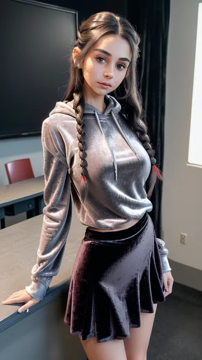 The AI generated a pornographic picture of a woman with long black hair, wearing a tight-fitting velvet hoodie with red sleeves and gray velvet sweatshirt. She has full lips, wide hips, massive breasts, and perfect lighting. Her
