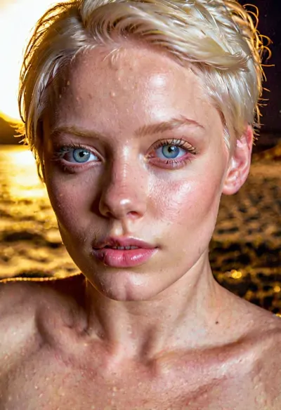The albino nude girl with her smooth skin and big eyes is a masterpiece of photography, captured by an ultra-realistic AI model that can generate high-quality images from any source