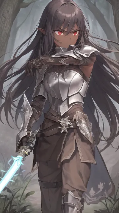 a girl, elf, dark skin, long dark curly hair with bangs, dark red iris eyes, athletic, tall, strong muscles, thin, small/medium hips and bust, in light dark armor with distinctive symbols, details of marks in the armor, slight wear on the armor, dark chain mail, brown leather, cloth in light brown, brown pants, metal and cloth details, hands with cut gloves, light brown glove, alone, face showing, without helmet, frontal view, in a combat position with a weapon, a spear with a medium handle made of wood and metal, weapon with details of runes, with a serious look and a serious and determined face, background of a dense forest, rich environment of herbs, plants and small insects, combat marks on the armor, blade scratches and damage in the armor, focus on the whole body.
