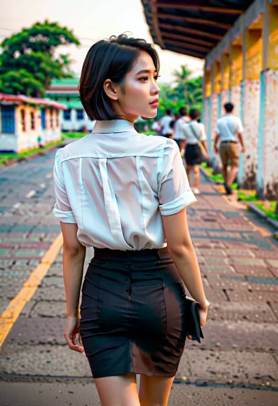 A Estudiante universitario tailandés, con una camisa blanca de manga corta y falda de lápiz negro, entra en la universidad con una espalda a la cámara. Tiene pelo negro y buena figura. Su cara está sucia de sudor y manchas de semen en su falda