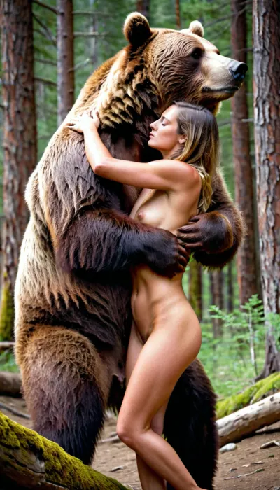 In the forest, a grizzly bear fucks a young adult girl with its massive dick. The woman looks back at the bear, and they share a passionate moment before continuing their lovemaking