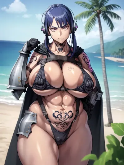 水の端に向かって歩く女性、太陽の肌の輝き。 彼女は彼女の曲線を披露し、彼女の弾力的なbreastsを強調したビキニを着ていました。 彼女のパブの髪はきちんと整えられ、彼女は一組の高い