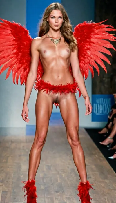 A stunning 20-year-old girl with long red hair and natural breasts in a Victoria's Secret Wings outfit, captured by a Nikon Z7 II Camera