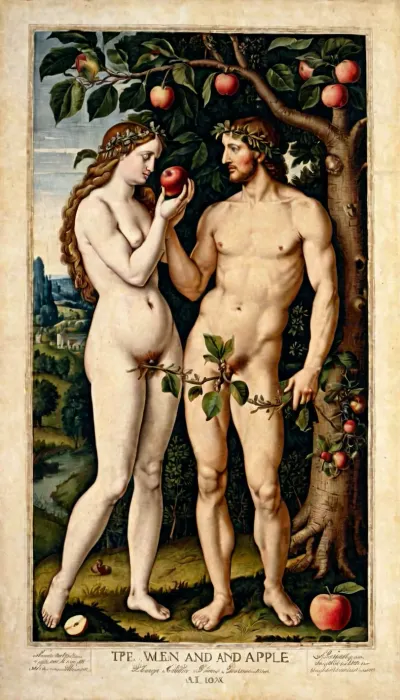 Adam ve Eve bahçede oturuyordu, Eve ona bir elma teklif ettiğinde emeğinin meyvelerini tadını çıkardı. Adam yasak meyve tarafından cazipti, ama bir ısırık alırsa, karısına sonsuza kadar bağlı olacağını biliyordu. O'na Adam ve Eve bahçede oturuyordu, Eve ona bir elma teklif ettiğinde emeğinin meyvelerini tadını çıkardı. Adam yasak meyve tarafından cazipti, ama bir ısırık alırsa, karısına sonsuza kadar bağlı olacağını biliyordu. O'na