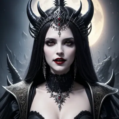 Die Vampirkönigin, gemalt von Luis Royo, Wayne Barlowe, Pierre Pellegrini und Just Art for Dark Metal Music, steht hoch und stolz mit einem scharfkantigen Mund offen. Sie hält eine weiße Ti