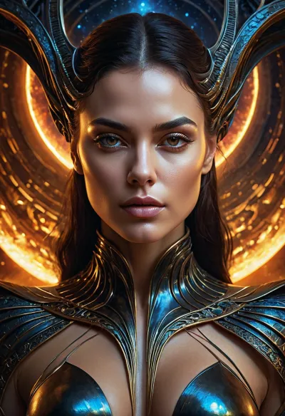 画面中的女人令人迷惑,金色的头发从背上流下来,脸部以神秘的强度发光. 她被阴暗和预言的气氛包围着 好像她被困在其中一样