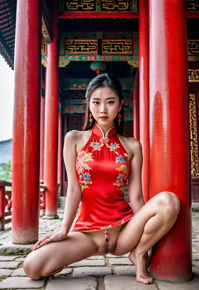 전통적인 중국 복장에 있는 젊은 중국 여성 및 나무로 되는 기둥에 앉아, 그녀의 긴 다리, 매끄러운 피부, 빨강 및 백색 qipao 복장을 보여주고, 그녀의 얼굴에 sultry 보기, 이 근사한 여자의 더 많은 탐구하기 위하여 구경꾼