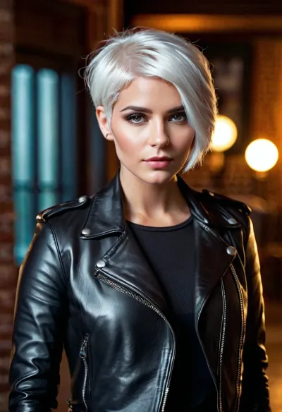 The girl with short white hair and bright makeup stood in front of a mirror admiring her leather leggings and leather jacket. She couldn't help but feel excited as she grabbed her leather jacket and headed out the door to go on an adventure