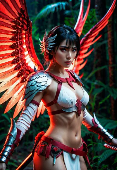 The woman with the anime hero skin stood in front of the camera, her bare skin glowing in the bright light. She held a katana in one hand and a big winged head in the other. Her transparent clothes revealed her 3/4 skin