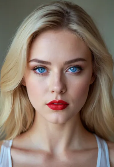 A stunning 20-year-old blonde with blue eyes, bright makeup, red lips, round chin and a look directly into the camera
