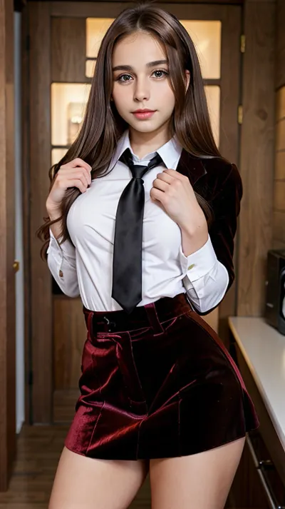 The girl with the big breasts and big ass was wearing a school uniform with five fingers on her hand and high detail on her face. Her perfect skin was visible through the thin fabric of her uniform, making her body seem perfect in every detail