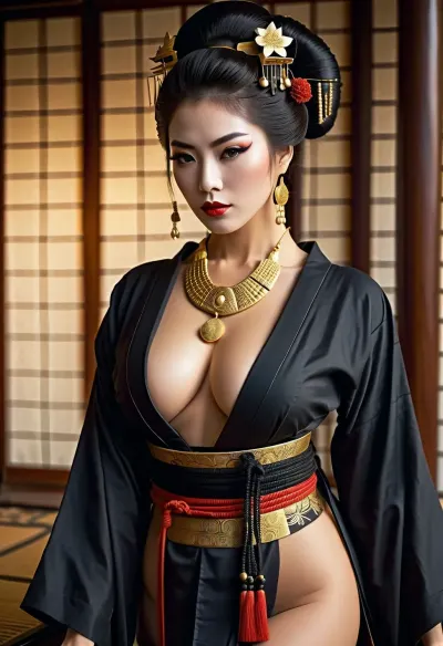 Une jeune femme sur une photo était une geisha, sa peau lisse et impeccable. Elle portait une robe noire avec des détails complexes, et ses longues jambes étaient parfaites. Son style photoréaliste cinématographique gothique sombre était évident dans chaque détail de