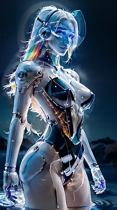 A detailed and ultra-detailed 8k cg wallpaper with the theme of mecha is presented, featuring a man with highlegs, cowyoung adult man shot, wearing a mecha corset, full armor, very long hair between eyes
