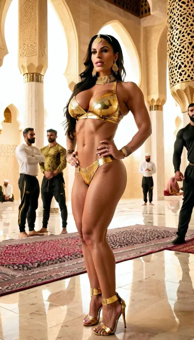 Daphne Rosen, a stunning woman with a dimple smile and piercing eyes, had perfect eyebrows and full lips that made her look like a model. She wore gold lingerie and thigh-high boots to complete her outfit, which made her body