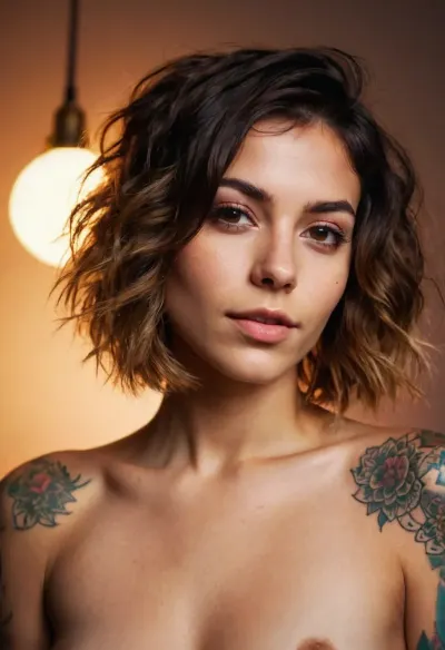 A Swedish-Iranian woman, 20yo, with messy shaggy Bob haircut and happy excited cinematic lighting in the room, posed for a new AI-generated nude picture with colorful tattoos all over her body and was wearing colorful tattoo