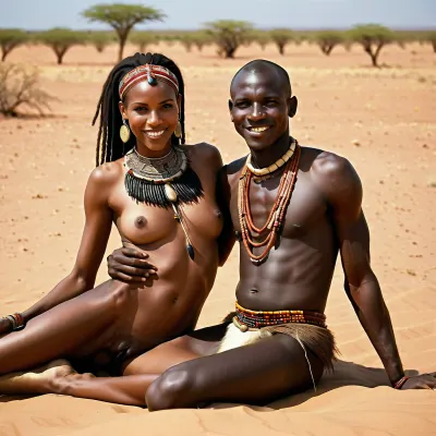 Kadının tam vücut resmi geleneksel bir Masai kabile ortamında yakalandı, geniş açık bir vücut ve büyük göğüslerle sırtına yalan söyledi. Karanlık ebony derisi vardı ve uzun ve kasli bir Afrikalı Masai kabile savaşçısı tarafından lanetlendi