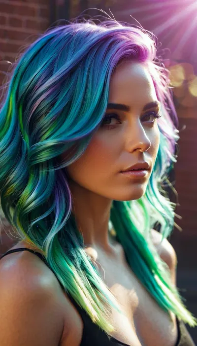 A woman with iridescent hair sat in front of a computer, her fingers flying across the keyboard as she generated a new picture. Her eyes were closed in concentration, and her lips were parted slightly as she focused on the task at hand. The
