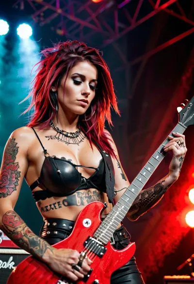 A punk rocker with long messy hair, wearing a sexy punk rocker body, played guitar on stage with high quality HD picture showing off her curves and tattoos