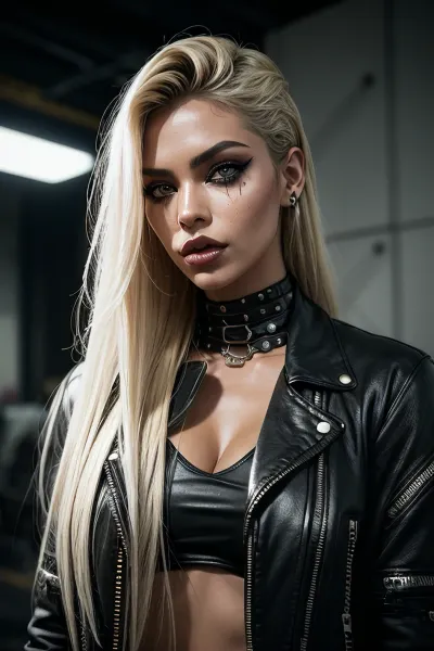 La donna nella foto indossa un vestito cyberpunk su misura che è fatto di elementi di ombreggiatura e grunge ad alto contrasto. Ha un seno perfetto spinto insieme in uno stile moderno grunge, con pelle perfetta e pelle scura